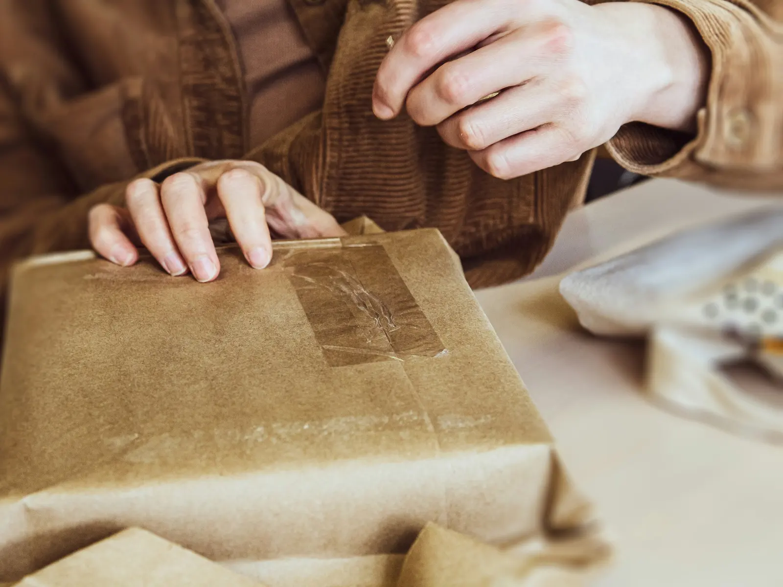 Hands taping a kraft-paper parcel closed to ship an online order